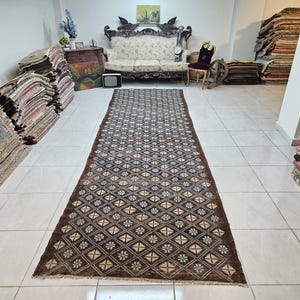 4.5 x 14.5 ft Vintage Turkish Runner Rug, Handwoven Anatolian Wool Rug, Long Brown Hallway Rug, Bohemian Geometric Design, Unique Home Decor