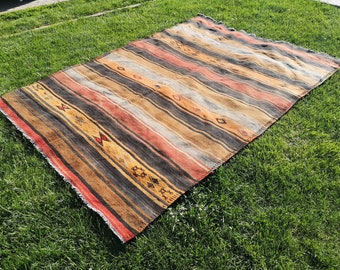 Oversize Orange Oushak Kilim Rug, Handwoven Wool, 6.9 x 9.8 ft
