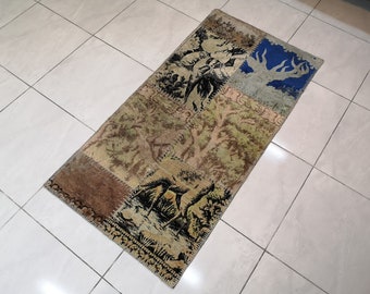 Colorful Turkish Patchwork Rug, Vintage Wool Carpet (2.3 x 4.6 ft)