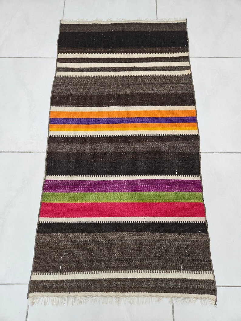 Turkish kilim rug 1.9 x 3.8 ft White bathroom rug Striped pink kilim rug Brown wool kilim rug Colorful kitchen rug Brown rug for living room image 3