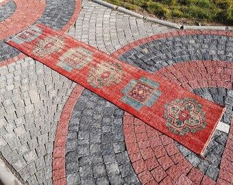 Orange Turkish Runner Rug, Vintage Boho Oriental Hallway Rug (1.8x8.5 ft)