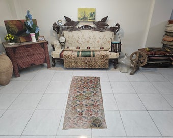 Small Green Turkish Rug 2.1 x 4.8 ft, Vintage Bath Mat