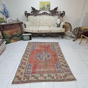 4.3 x 6.2 ft Vintage Turkish Rug | Rustic Bohemian Area Rug with Tribal Geometric Patterns | Handwoven Wool Oriental Rug in Red and Beige