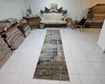 Vintage Turkish Runner Rug, 2.7 x 12.2 ft, Distressed Blue Wool, Handmade