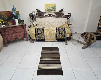 Small Brown Turkish Kilim Rug, Vintage Wool 1.9 x 3.9 ft