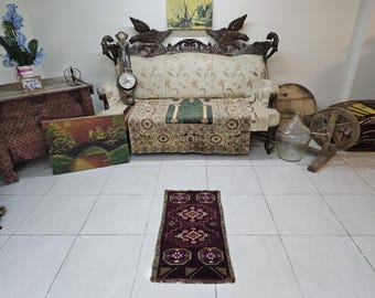 Vintage Turks wollen vloerkleed (1,5 x 2,7 ft) paars keukenaccent