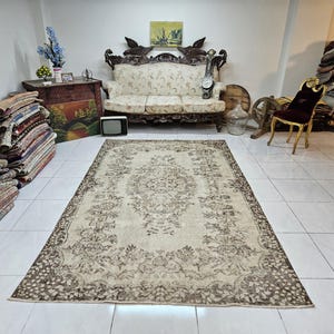 5.6 x 9.2 ft Vintage Beige and Brown Medium Area Rug – Distressed Handwoven Turkish Carpet for Living Room – 6x9 Antique Boho Bedroom Rug
