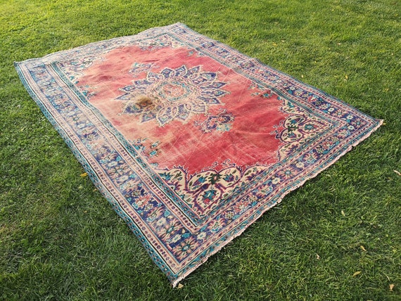 Roter Oushak-Teppich, 200 x 240 cm, türkischer Vintage-Boho-Teppich