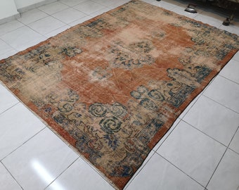 Large Vintage Turkish Rug, 6.8 x 9.5 ft, Anatolian Orange Rug