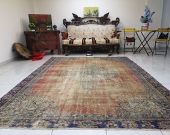 Vintage Turkish Rug: Orange and Blue, 7 x 9.9 ft, Oversized