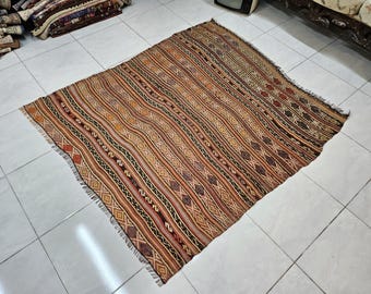 Vintage Turkish Kilim Rug 4.8x5.5 ft, Striped Red Rug