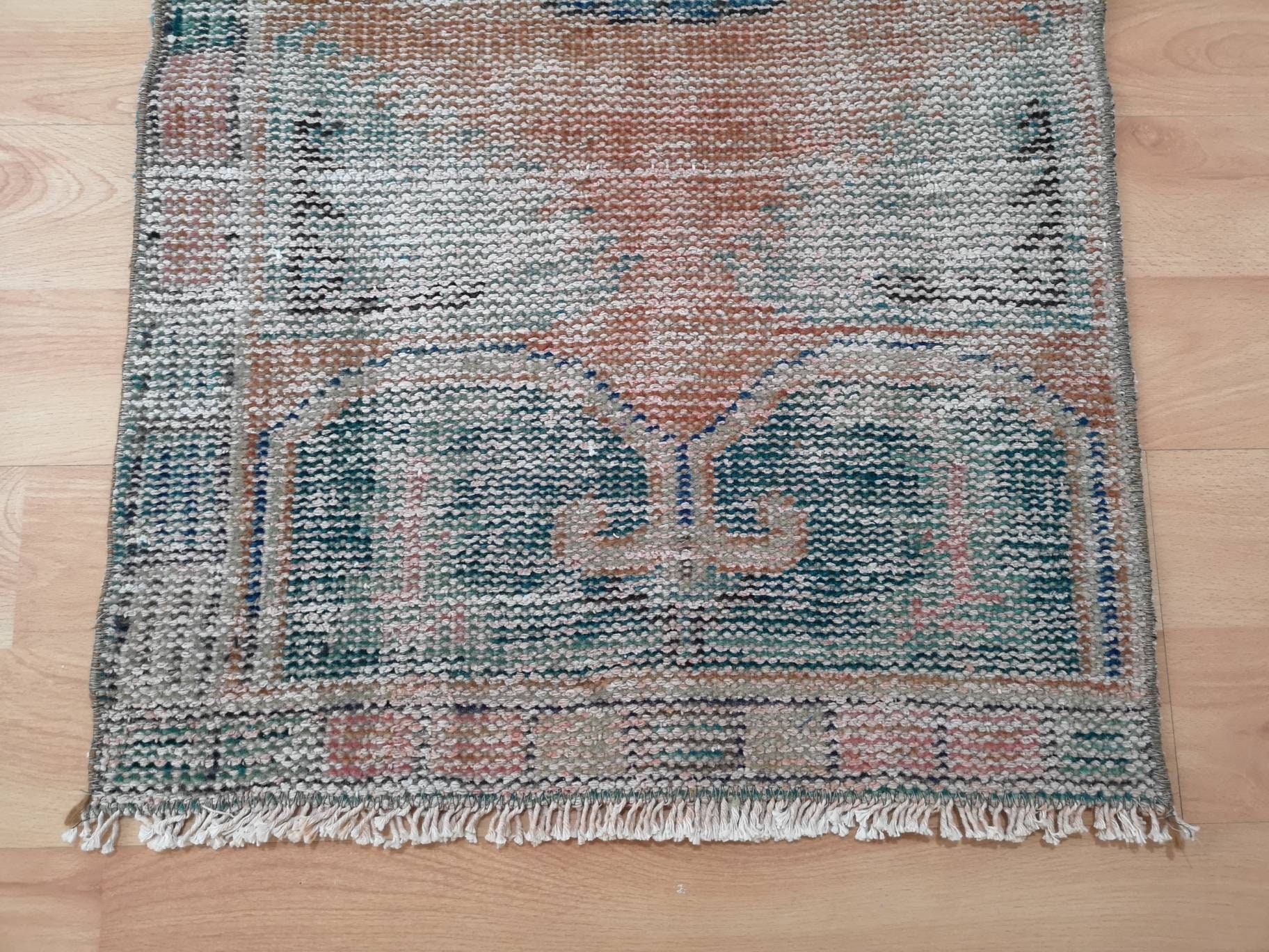 Handmade Turquoise Turkish Rug, Small Vintage Faded Area Rug (1.7' X 4. ...