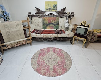 Vintage Round Turkish Rug, Pink Beige Wool Carpet, Bohemian Medallion Design