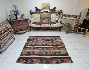 Red Turkish Kilim Rug, Small Vintage Anatolian Rug (5x5.2 ft)