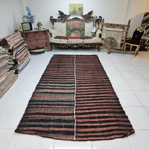 4.9 x 10.4 ft Vintage Turkish Kilim Rug, Handwoven Striped Wool Area Rug, Rustic Nomadic Tribal Rug, Bohemian Farmhouse Large Flatweave Rug
