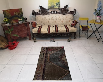 Small Brown Turkish Rug, Handmade Wool, Bohemian Decor (2.6 x 4.7 ft)