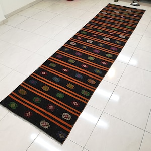 2.9 x 11.3 ft Black Turkish kilim rug Orange vintage Turkish rug Handmade kilim rug Wool Anatolian kilim rug Interior rug for living room