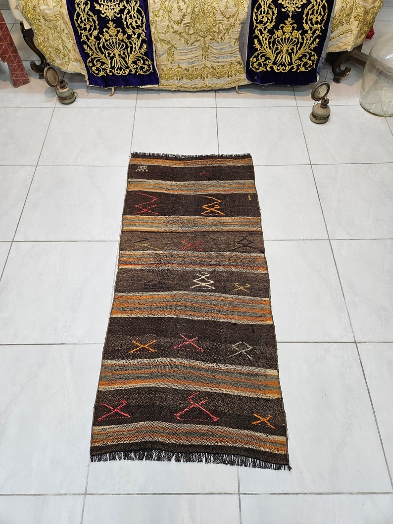 Small kilim rug 2 x 4.3 ft Orange striped rug Old rug for living room Handmade wool rug Turkish kilim rug Brown kilim rug Small brown rug image 3