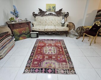 Vintage Turkish Rug, 3.9x6.2 ft, Ornate Floral Burgundy Medallion