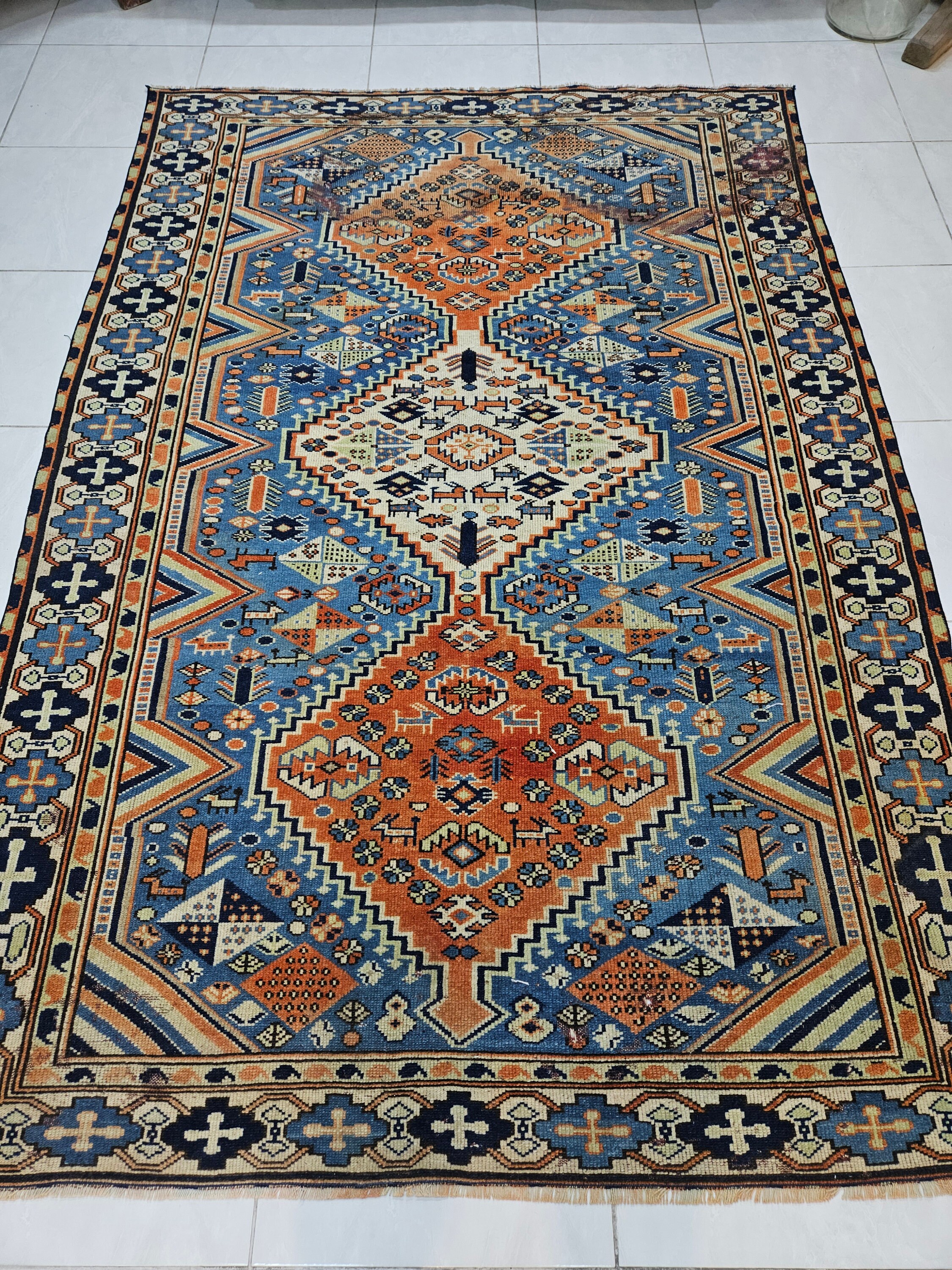 トルコ　ヴィンテージ ラグ オレンジ　ブルー　フローラル ブルー＆オレンジのトルコウールラグ 5.4 x 7.9フィート、ヴィンテージ