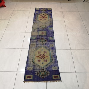 Blue runner rug 1.6 x 6.8 ft Turkish runner rug Blue hallway runner Vintage runner rug Blue rug for living room Kitchen runner rug Wool rug