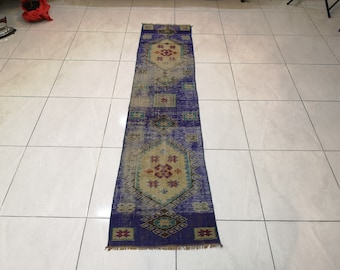 Tappeto da corridoio in lana turca blu, tappeto vintage per corridoio (1,6 x 6,8 piedi)