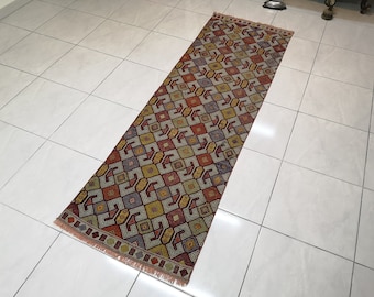 May include: A long, rectangular rug with a geometric pattern in shades of red, orange, yellow, green, and blue. The rug has a fringe border.