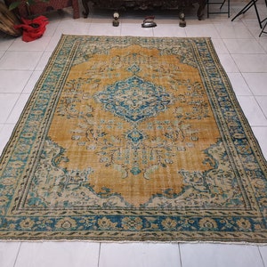 6.6 x 9.4 ft Orange Turkish rug Blue vintage rug Orange rug for living room Turkish area rug Medium Turkish rug Orange wool rug Handmade rug