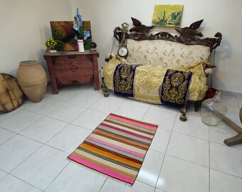 Small Pink Turkish Kilim Rug 2.5 x 3.3 ft, Wool Bathroom Rug
