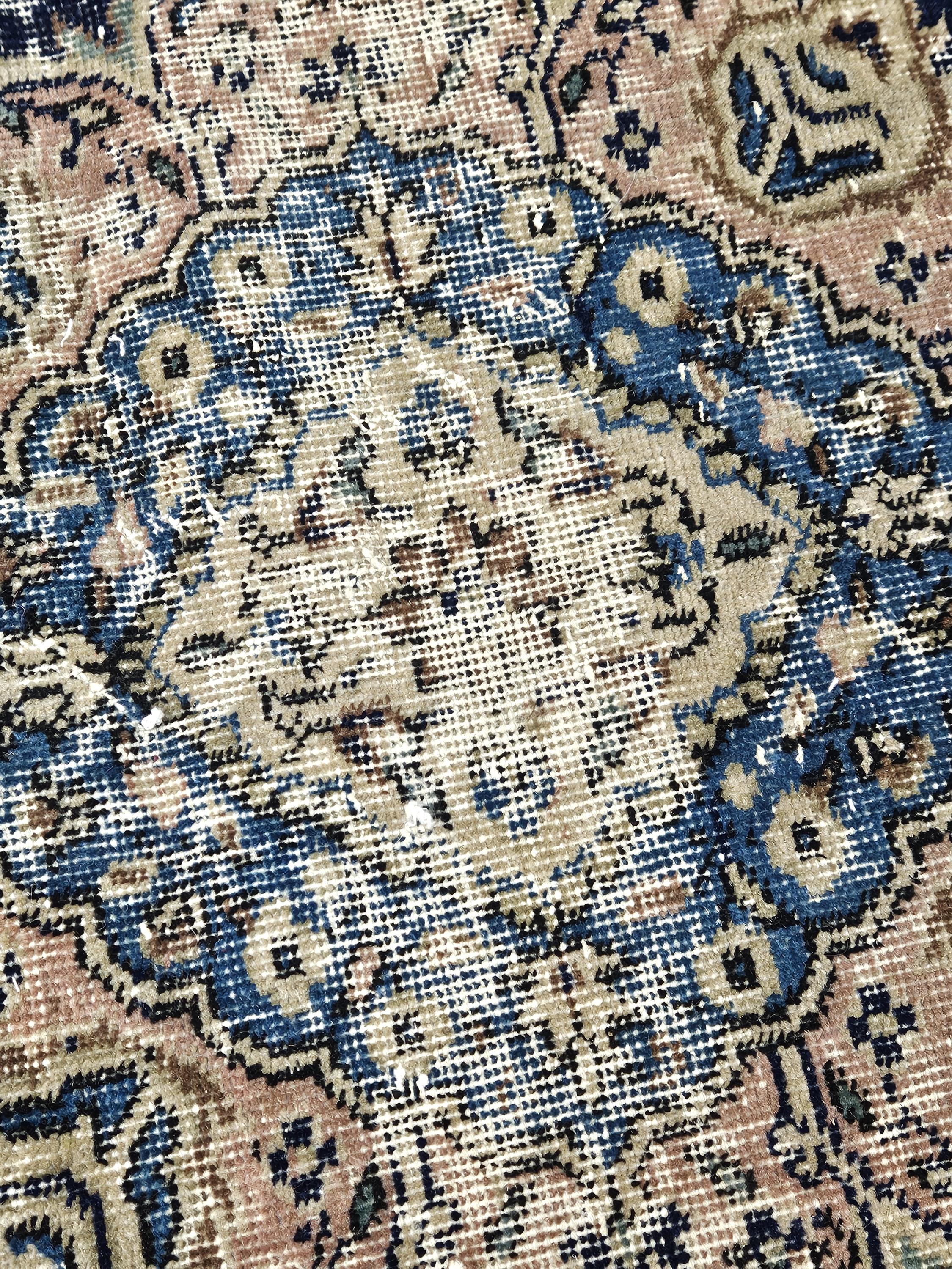 ヴィンテージ トルコ製エリアラグ - 3x7 ネイビーブルー フローラル