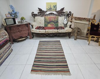Vintage Turkish Kilim Rug, Multicolor Striped Wool Runner, 3x5.6 ft
