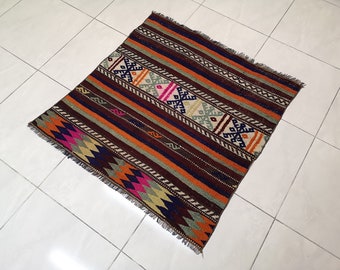 Small Vintage Turkish Kilim Rug, Colorful Woven Door Mat (3.1 x 3.1 ft)