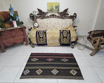 Small Brown Turkish Kilim Rug, Wool Kitchen Rug (4.5 x 3.1 ft)