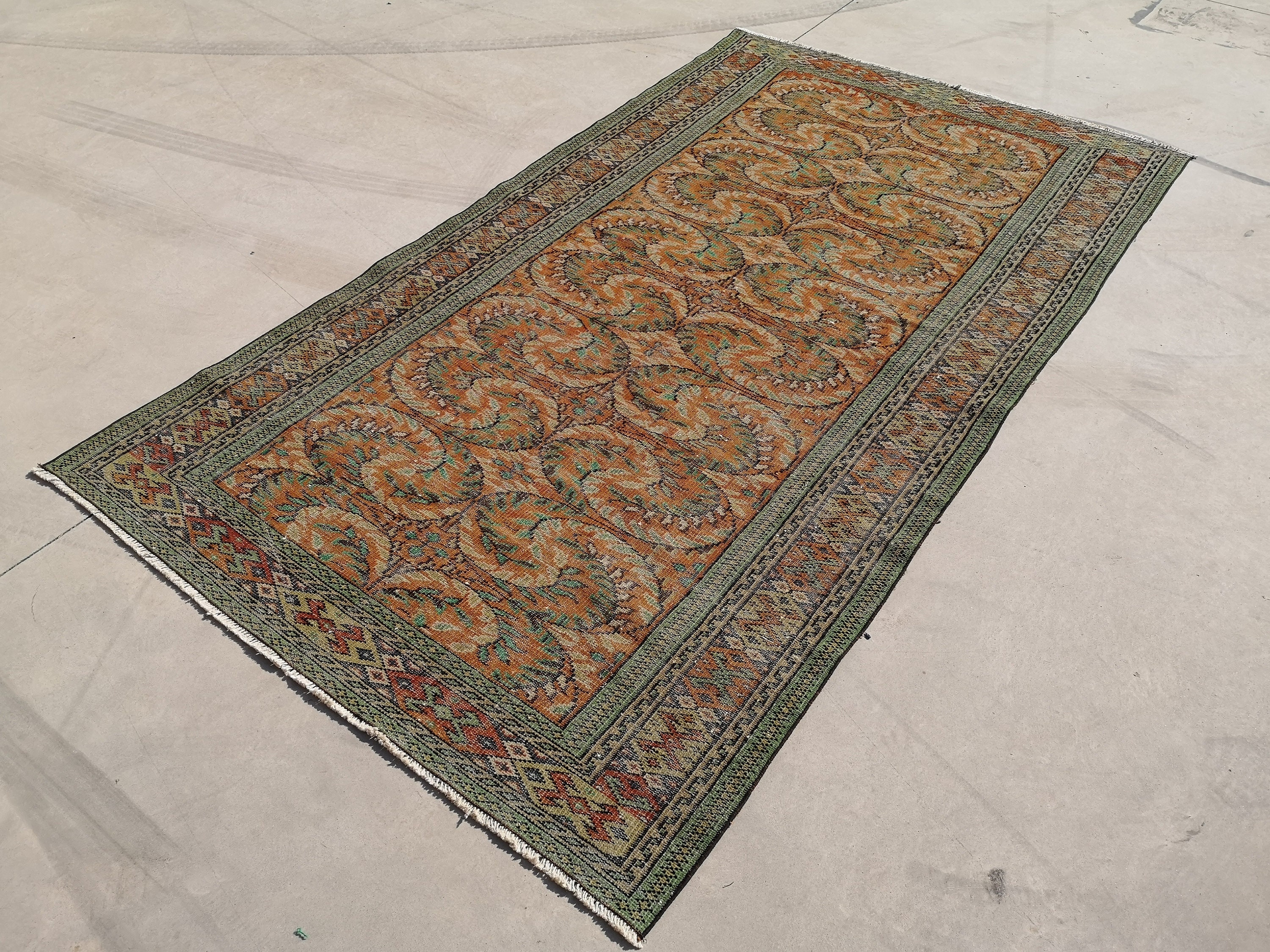 Vintage Turkish Wool Rug Orange Boho Decor