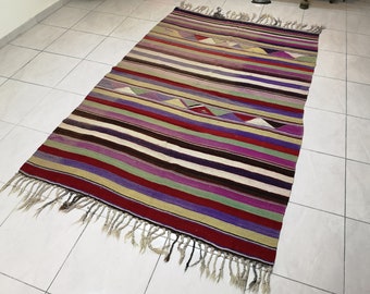 Striped Turkish Kilim Rug, Handwoven Vintage Area Rug (5.3 x 8.4 ft)