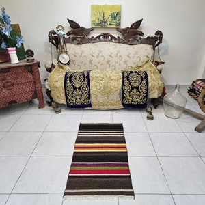 Turkish kilim rug 1.9 x 3.8 ft White bathroom rug Striped pink kilim rug Brown wool kilim rug Colorful kitchen rug Brown rug for living room image 1