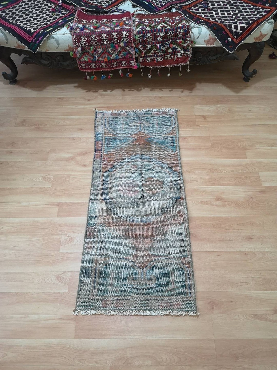 Handmade Turquoise Turkish Rug, Small Vintage Faded Area Rug (1.7' X 4. ...
