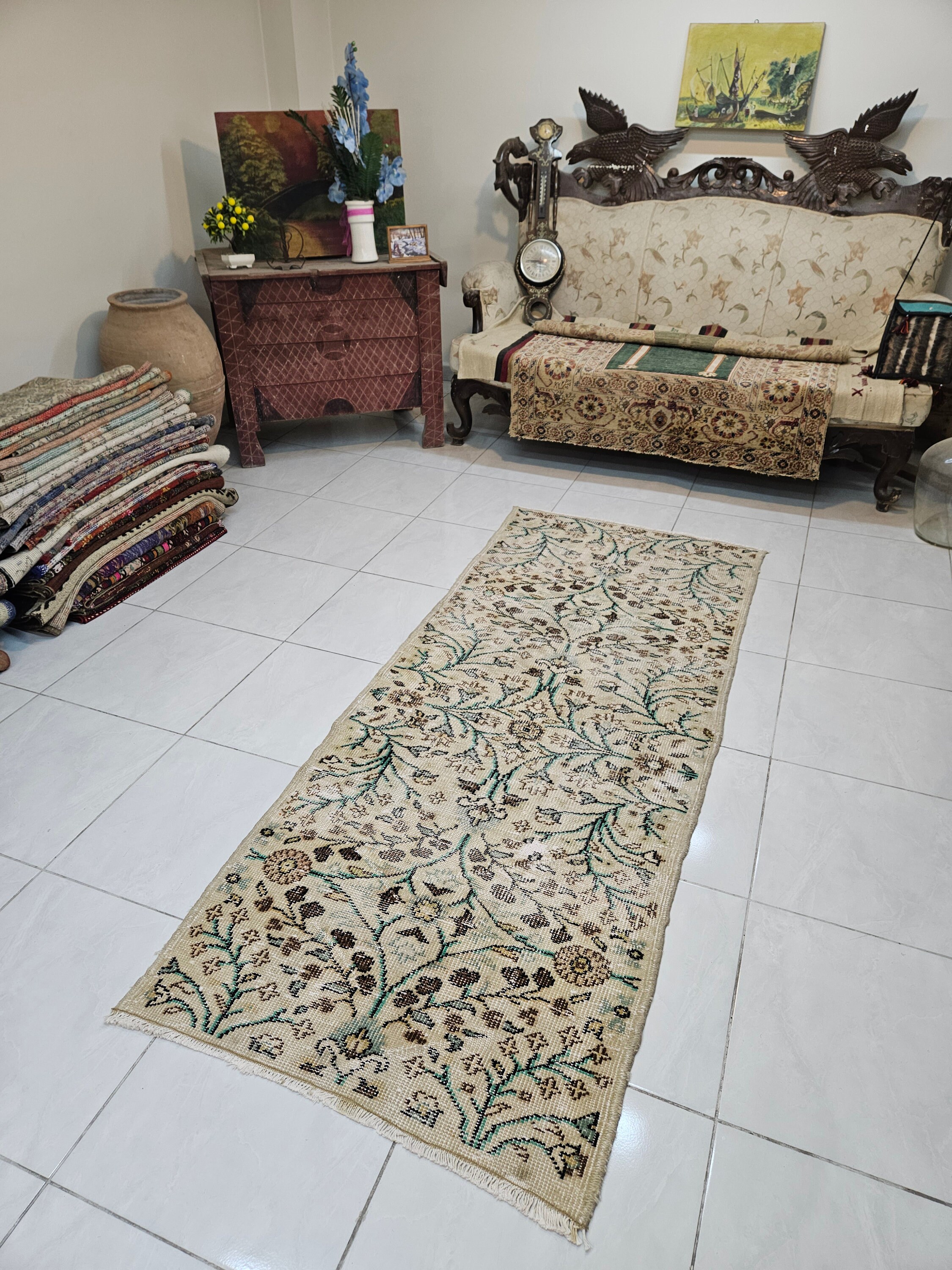 カフェオレベージュ54×220ブラウン　超ロングランナー　トルコヴィンテージラグ カフェオレベージュ54×220ブラウン 超ロングランナー トルコ