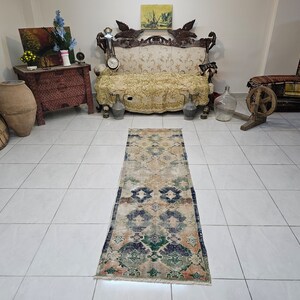Colorful vintage runner rug 2.3 x 7.7 ft Turkish rug for living room Anatolian runner rug Old Turkish runner rug Green and blue runner rug