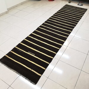 3 x 11.6 ft Hallway runner kilim Turkish kilim rug Runner kilim rug Striped kilim rug Brown and white kilim rug Primitive wool rug Old rug