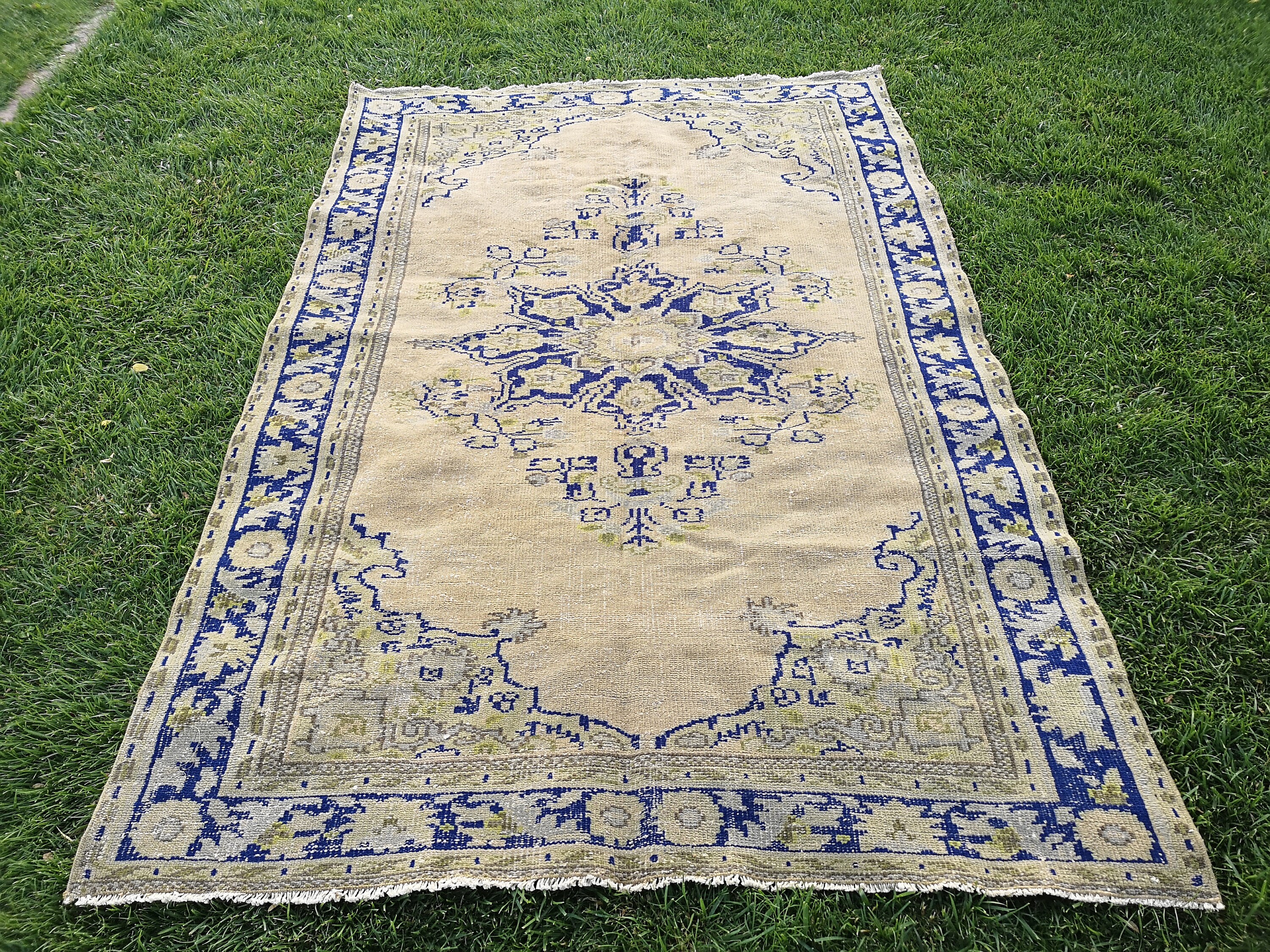 ブルーヴィンテージトルコウールラグ、オリエンタルトライバルデザイン