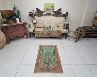 Green Turkish rug 2.3 x 3.9 ft Bohemian green carpet Turkish vintage rug Green handmade wool rug Old Turkish accent rug Rug for living room
