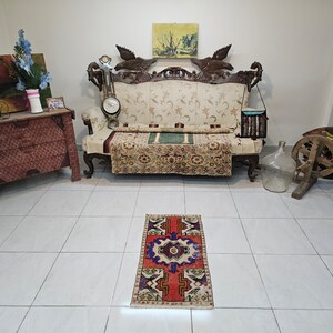 Rug for living room 1.5 x 3 ft Interior oriental rug Red small rug Wool accent rug Turkish kitchen rug Old bohemian rug Turkish vintage rug