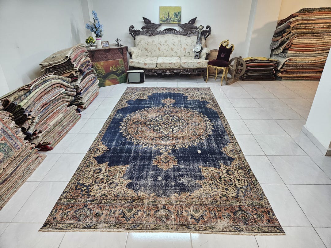 Large Vintage Turkish Rug, 5.7x11.3 Ft, Navy Blue Beige Medallion