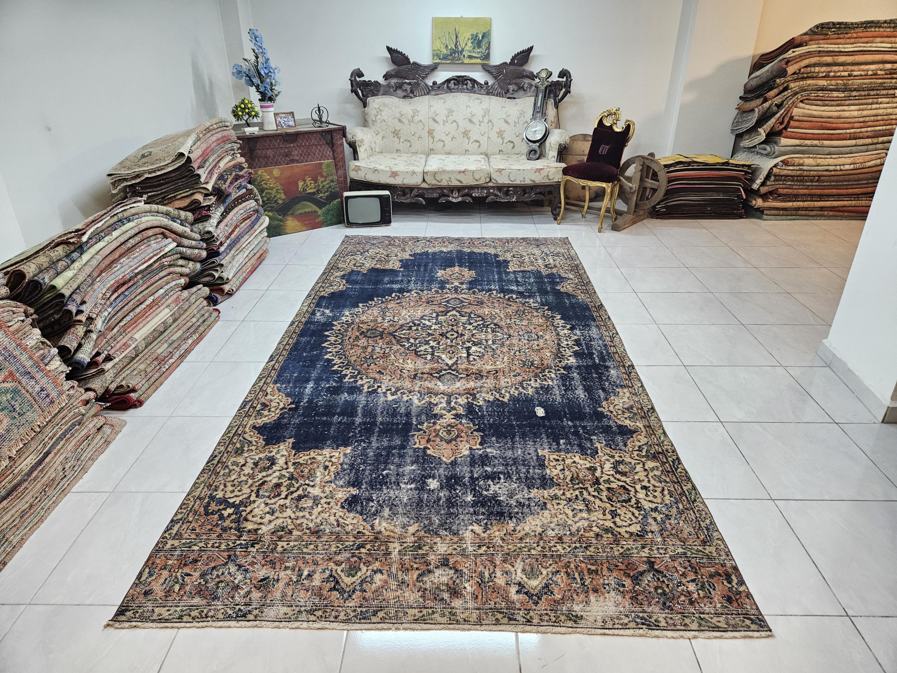 Large Vintage Turkish Rug, 5.7x11.3 Ft, Navy Blue Beige Medallion