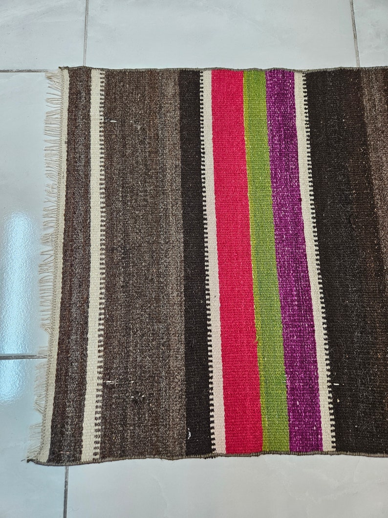 Turkish kilim rug 1.9 x 3.8 ft White bathroom rug Striped pink kilim rug Brown wool kilim rug Colorful kitchen rug Brown rug for living room image 6