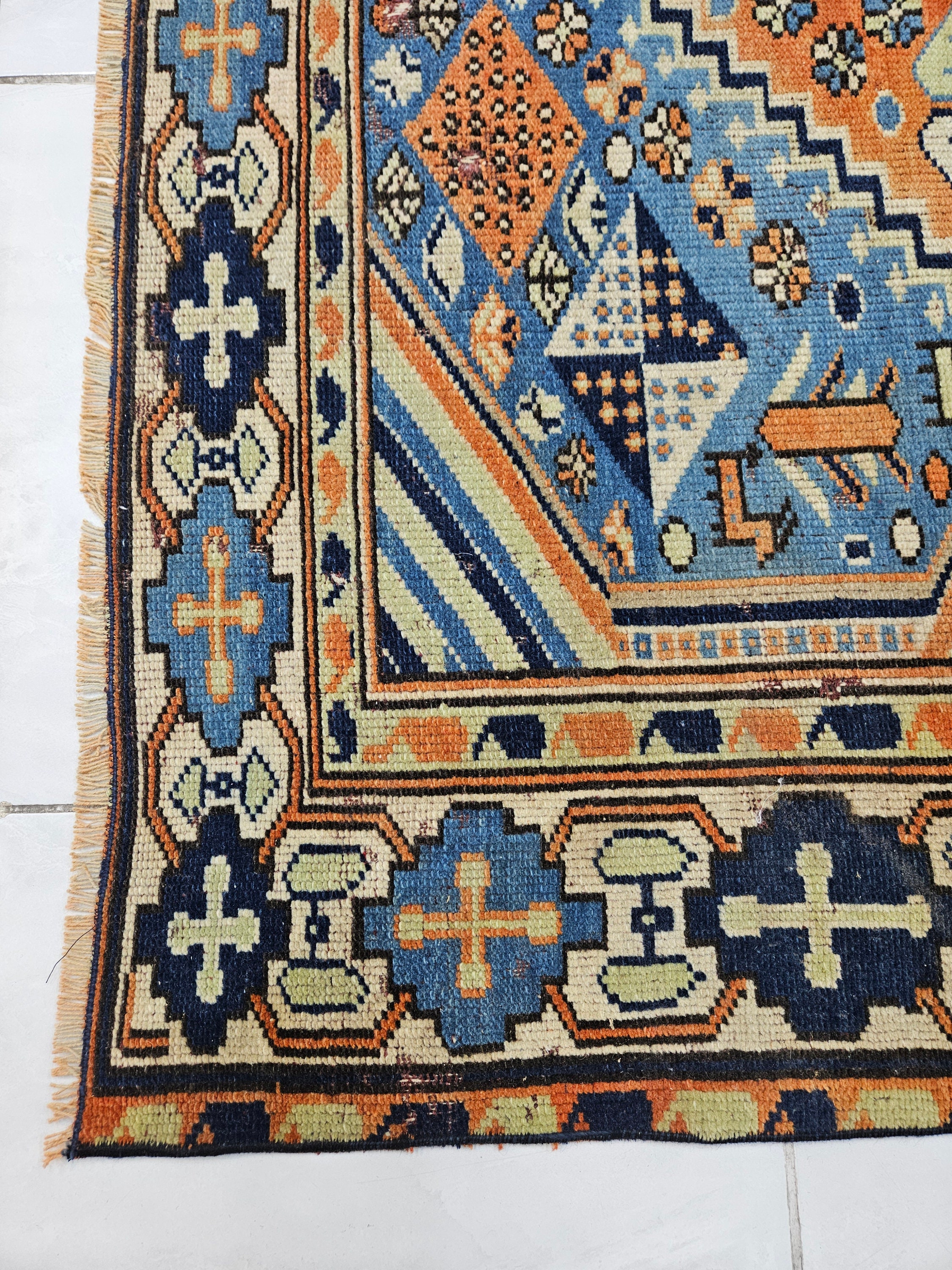 ブルー＆オレンジのトルコウールラグ 5.4 x 7.9フィート、ヴィンテージ