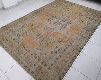 Large Orange Turkish Rug, Vintage Wool, 7.1 x 10.9 ft