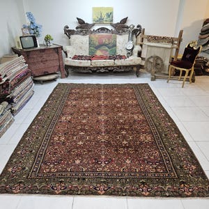 Large Turkish Rug 6.6 x 9.2 ft Vintage Red Area Rug Handmade Traditional Carpet Floral Pattern Oriental Living Room Rug Antique Elegant Rug