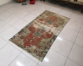 Orange Turkish Wool Runner Rug - 3.2 x 5.9 ft, Handmade Vintage